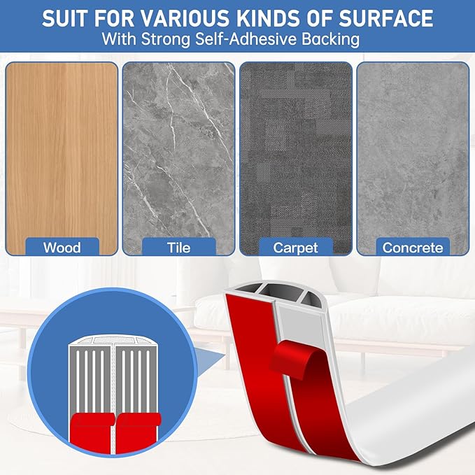 Floor Cord Cover Self Adhesive Cord Hider Floor Extension Cord Covers for Floor Power Cord Protector Cable Management Prevent Cable Trips Cable Cavity 0.51" W x 0.31" H (White, 10Ft)