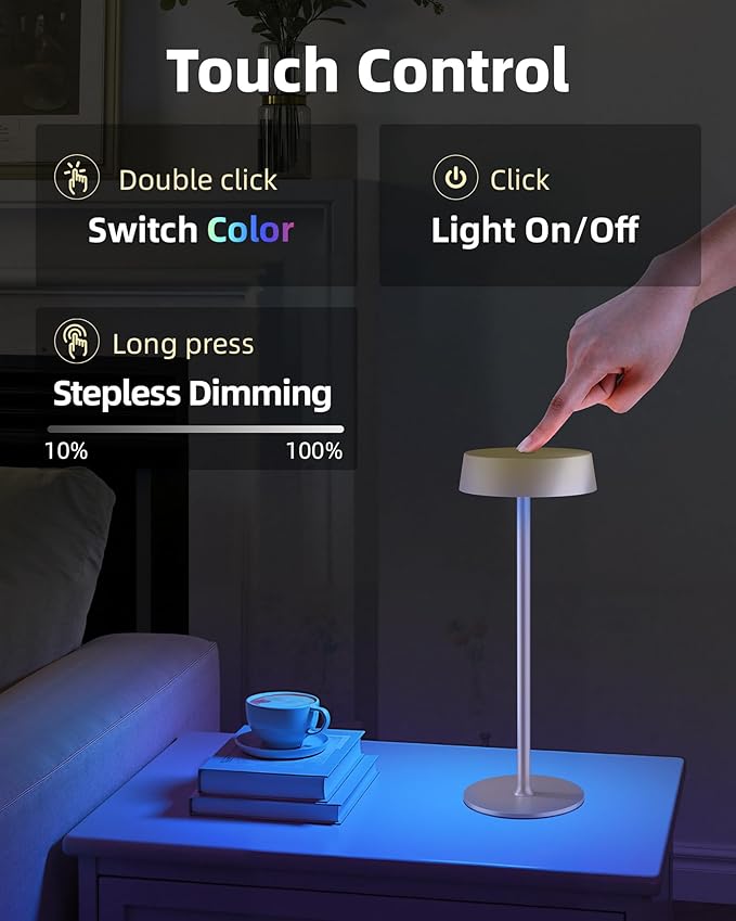 Cordless Lamp, Outdoor Waterproof, Dimmable Touch Control 3 Color Temperature, Battery Operated Portable, RGB, LED Memory Function, Rechargeable Table Lmap, Desk Lamp, Patio Dinning Restaurant Kitchen