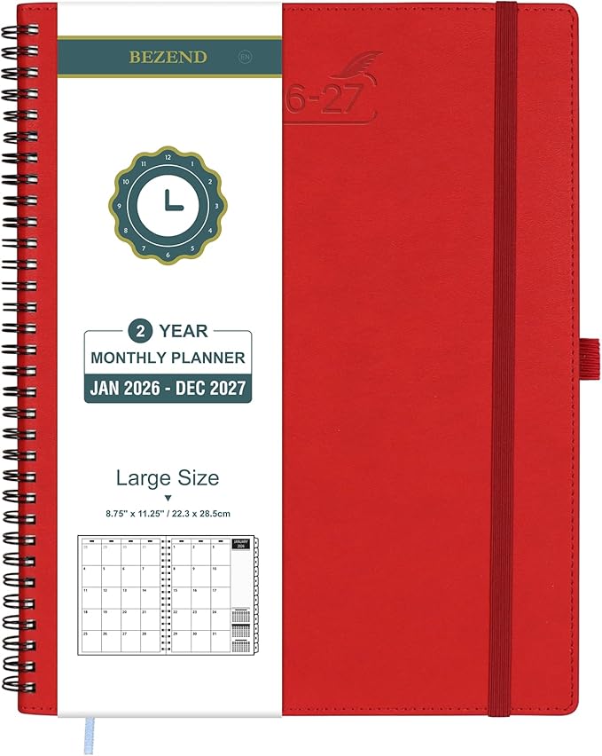 BEZEND Monthly Planner 2026-2027 (Spiral-8.5" x 11") 2 Year Calendar Book with Note Pages - Jan 26 to Dec 27-120 GSM Paper, Inner Pockets, Laminated Tabs, Vegan Leather Softcover - Red
