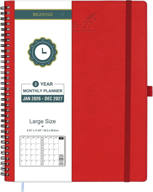 BEZEND Monthly Planner 2026-2027 (Spiral-8.5" x 11") 2 Year Calendar Book with Note Pages - Jan 26 to Dec 27-120 GSM Paper, Inner Pockets, Laminated Tabs, Vegan Leather Softcover - Red