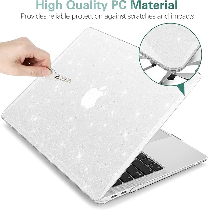 KEROM Clear Glitter Case for MacBook Air 13 inch 2021-2018 M1 A2337 A2179 A1932, Glitter MacBook Air M1 Case, Shiny Bling Sparkle Plastic Hardshell & Keyboard Cover for MacBook Air 13.3'', Transparent