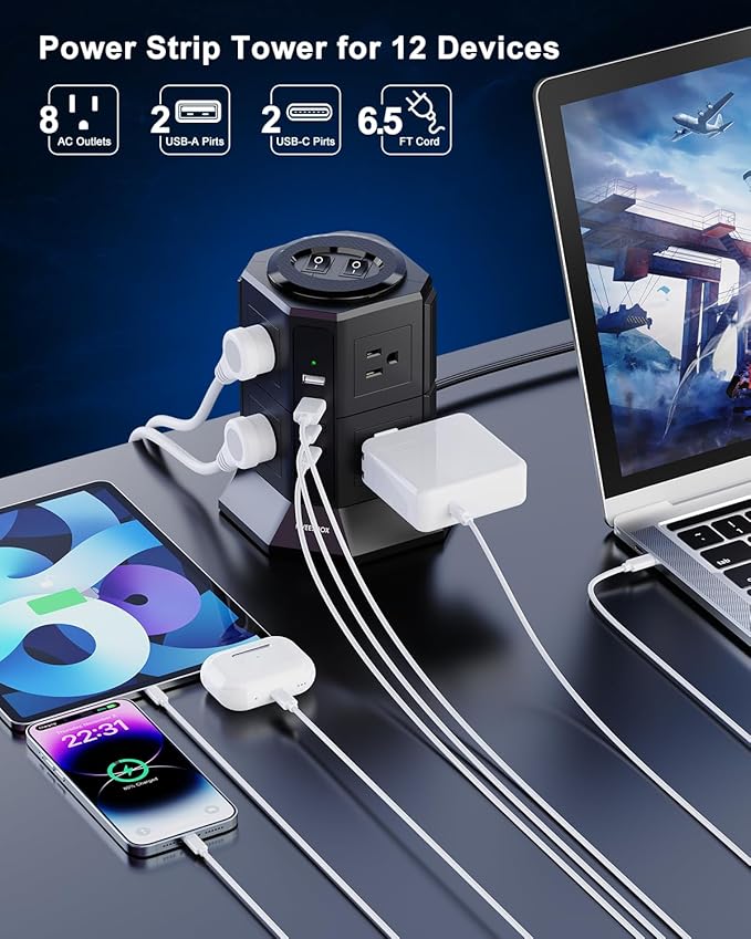Surge Protector Power Strip Tower with 8 AC Outlets 4 USB Ports(2 Type C), 6.5 FT Ultra Flat Extension Cord, Flat Plug Power Strips Tower with Surge Protection for Home, Office, Dorm