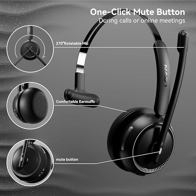 LEVN Wireless Headset 5.2 for Call Center, Bluetooth Headphones with Mic for Work(Noise Cancelling), 65 Hours Woktime & Mute Button,Wireless Headset for Work from Home/Office/PC/Computer/Laptop(Black)