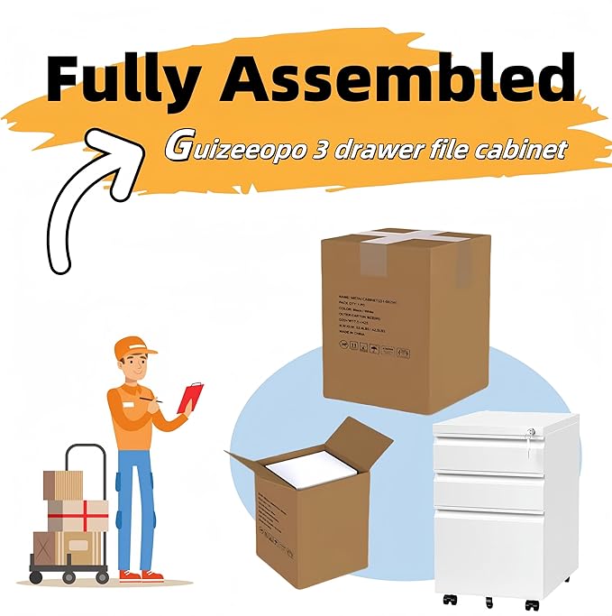 3 Drawer File Cabinet with Lock, File Cabinets for Home Office,Under Desk Cabinet, Locking File Cabinet for A4/Letter/Legal, Fully Assembled Expect Casters, Matte White