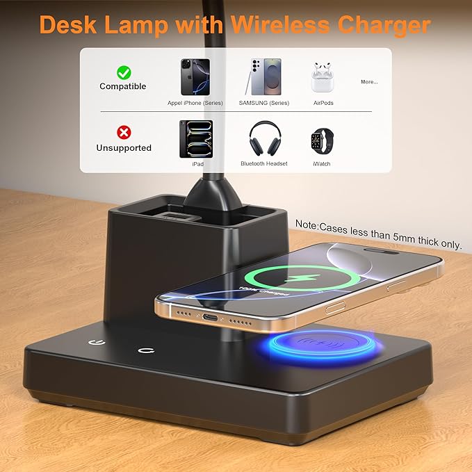 Sailstar Desk Lamp, Table Lamp with Wireless Charger & USB Port, 800LM CRI95 3 Color Modes Dimmable Touch Flexible Arm Pen Holder, LED Desk Lamps for Home Office, College Dorm Room, Adapter Included