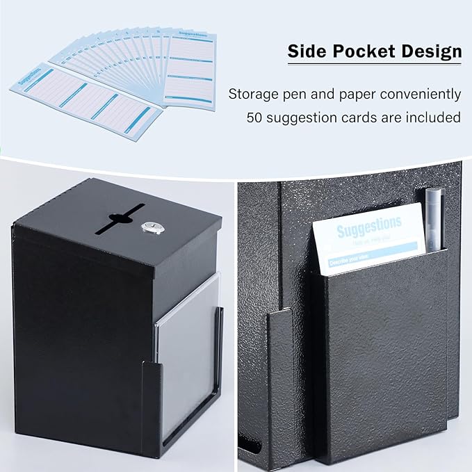xydled Suggestion Box with Key Lock Acrylic Sign Holder, Metal Donation Ballot Drop Box with Slot Tip Jar for Office, Fundraising, Church, School,8.9''x7.1''x6.3'', Black
