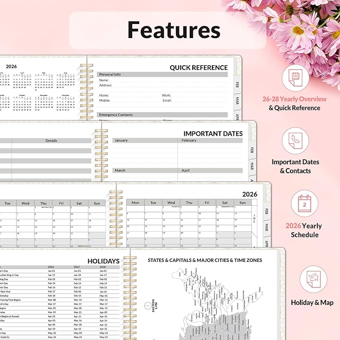 SUNEE Planner 2026 Weekly and Monthly, January 2026-December 2026, 8.5"x11", Tabs, Note Pages,Spiral Binding, Colorful Flowers