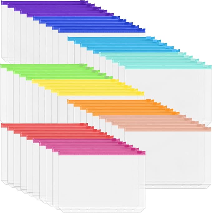Antner 50PCS A5 Binder Pockets 6-Hole Cash Stuffing Envelopes for Money Saving, 10 Assorted Color Zipper Pouch Folders Budget Planner Inserts Loose Leaf Money Organizer Bags for A5 6-Ring Binder