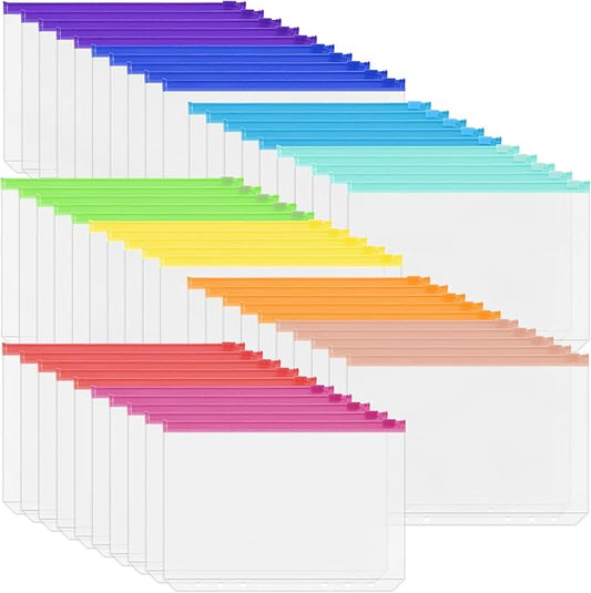 Antner 50PCS A5 Binder Pockets 6-Hole Cash Stuffing Envelopes for Money Saving, 10 Assorted Color Zipper Pouch Folders Budget Planner Inserts Loose Leaf Money Organizer Bags for A5 6-Ring Binder