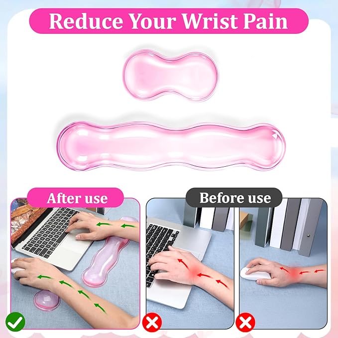 Ergonomic Gel Wrist Rest Set Anti Slip Silicone Keyboard and Mouse Pad Clear Pink Keyboard Support for Office Typing or Gaming, Relieve Wrist Pain
