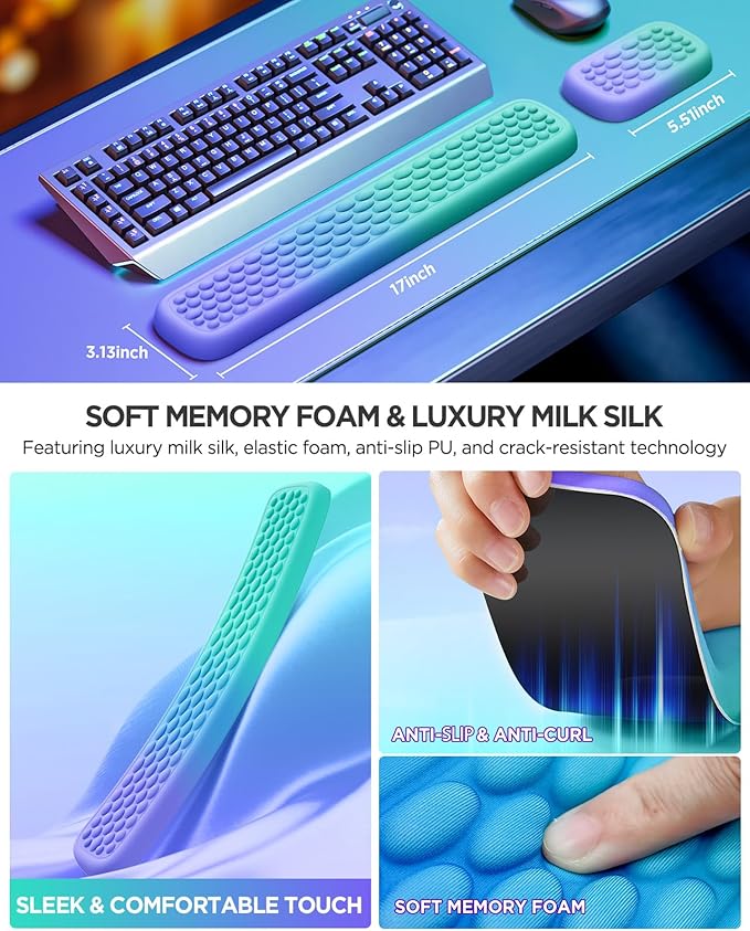 Lekvey Keyboard Wrist Rest, Silky Memory Foam Wrist Rest for Computer Keyboard, Mouse, Ergonomic Massage Design for Typing Pain Relief, Desk Pads Support Hand and Arm, Stain Resistant, Green Purple