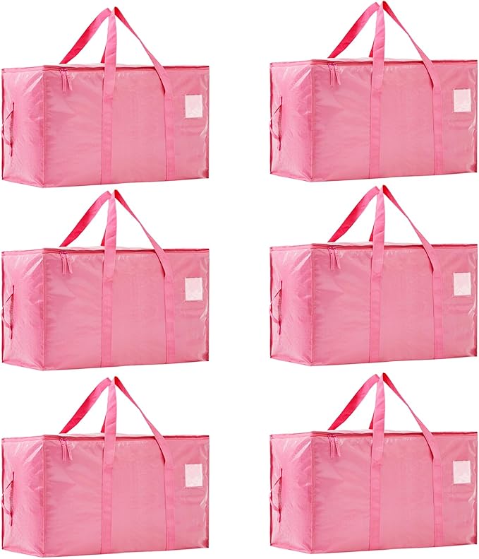 Moving Bags Heavy Duty Extra Large, Moving Boxes, Moving Supplies Essentials,Storage Bins with Lids, Plastic Packing Totes, Storage Bags for Clothes with Handles & Zippers(Pink, 6 Pack)