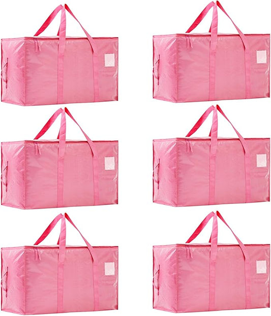 Moving Bags Heavy Duty Extra Large, Moving Boxes, Moving Supplies Essentials,Storage Bins with Lids, Plastic Packing Totes, Storage Bags for Clothes with Handles & Zippers(Pink, 6 Pack)