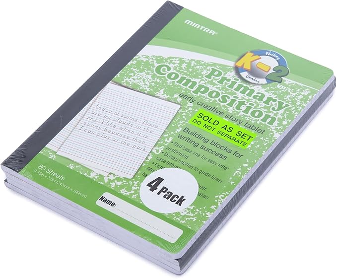 Mintra Primary Composition Notebook, 4 Pack, Assorted Colors 80 Sheets, 7.5in x 9.75in, Full Sheet, Ruled with Drawing Area, Flexible Hardcover Journal, Grade K-2, School & Home Use