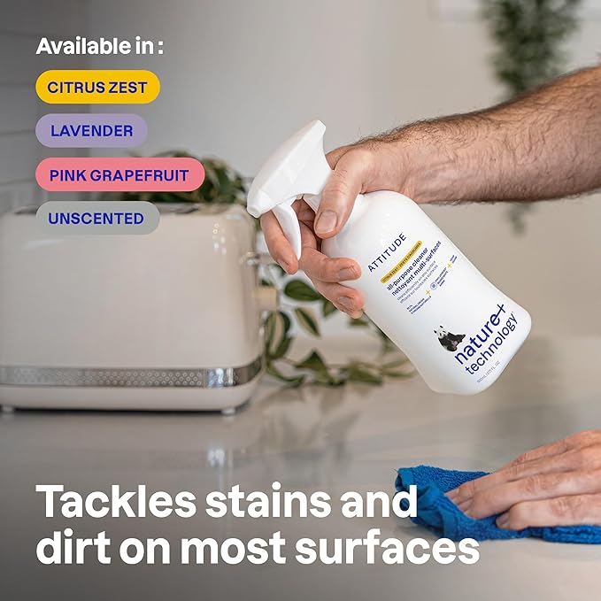 ATTITUDE All Purpose Cleaner Spray, EWG Verified, Vegan, Made with 94% Plant-Based Ingredients, Streak-Free for Kitchen, Bathroom, Glass & More, Citrus Zest, 27.1 Fl Oz (Pack of 3)