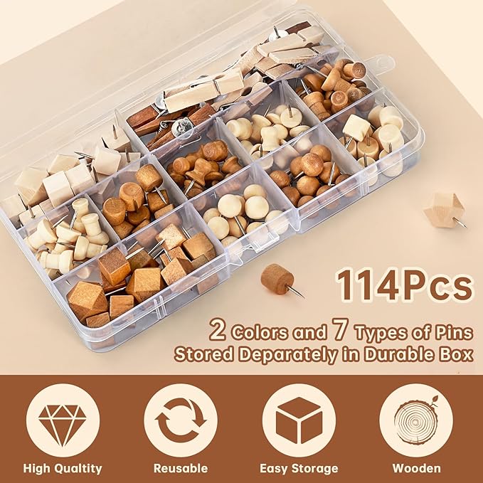 114Pcs Decorative Push Pins in 7 Types and 2 Colors Wooden Push Pins Cute Thumb Tacks Clips for Cork Board Bulletin Board Wall Cubicle Crafts for Office Classroom Farmhouse with Storage Box