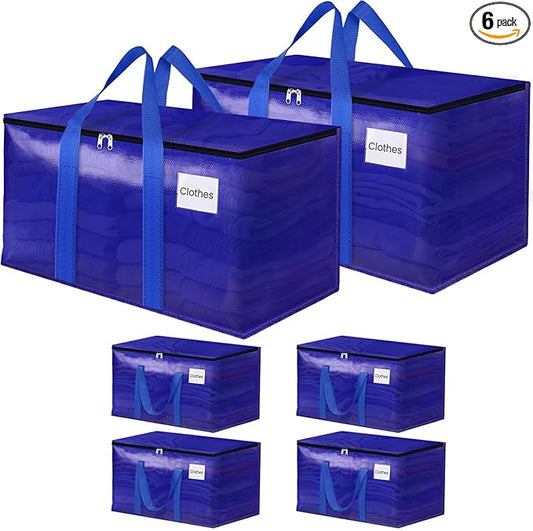 Moving Storage Bags, Moving Supplies Packing Boxes for Moving, Camping, College Dorm Room Essentials for Girls, Blue Tote Bags, Heavy-Duty Storage Bins With Lids And Zippers, 76L 6 Pack
