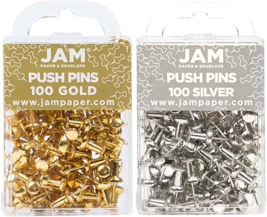 JAM PAPER Colorful Push Pins - Silver and Gold PushPins - 200/Pack