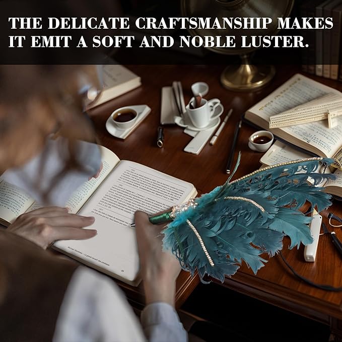 CROWN GUIDE Luxury Feather Quill Pen with Shiny Rhinestones & Curled Goose Feathers- Wedding Guest Book Pen, Great Gatsby/HP Party Supplies, Bridal Shower Gift with Rose Gold Heart Charm (13.8",Gold)