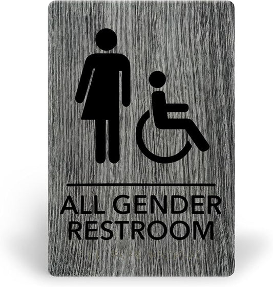 Promot All Gender Handicap Bathroom Sign – ADA Braille Restroom Sign for Business, Self-Adhesive, 9" x 6", Commercial Door Signage, Office Wall Decor - Classic Grey