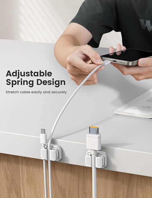 6Pack Cord Organzier Spring Clip Holder - Lamicall 3-in-1 Small Clips for Desk Cable Management, Adhesive Adjustable Cable Clips Holder for Charger Wire, USB Cord, Office, Car, Desk Accessories