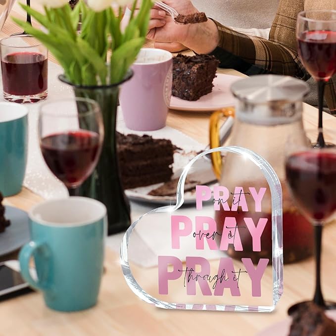 Pink Christian Gifts for Women, Pink Bedroom Decor, Pray on it Pray over it Pray through it Acrylic Sign Decorative for Home Pastor Farmhouse Living Room Church Table Desk bookshelf Decoration