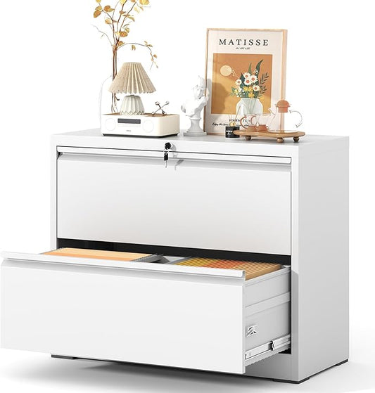 2 Drawer Lateral File Cabinet with Lock, Metal Lateral Filing Cabinet for Home Office, Steel Wide Horizontal Filing Cabinets for Letter/Legal/A4/F4 Hanging Files (White)
