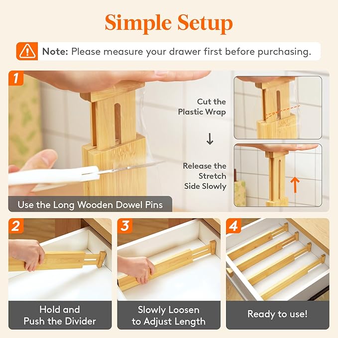 Lifewit 6 Pack Drawer Dividers Bamboo 2.4" High, 12-17" Adjustable Drawer Organizers for Clothes, Wooden Dresser Separators in Bedroom/Bathroom/Kitchen/Fridge/Office Organization and Storage