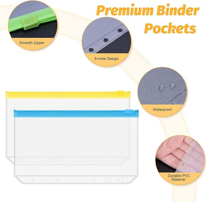 Antner 50PCS A6 Binder Pockets 6-Hole Budget Binder Inserts, 10 Assorted Color Zipper Pouch Folders Cash Stuffing Envelopes for Budgeting, Loose Leaf Filling Bags Money Organizer for A6 6-Ring Binders