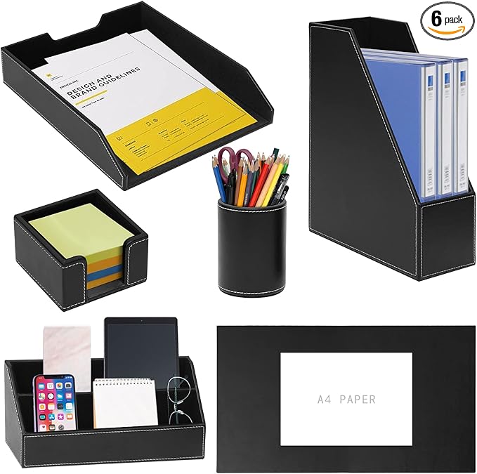6 Piece Office Supplies/Desk Organizer Set with Desktop Leather Writing Pad,File Paper Tray,Magazine folder Holder, Pen Cup,Sticky Note Holder,Letter Mail Sorter,Workspace Decor for Women Men Black
