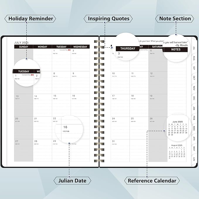 Planner 2025-2026, July 2025 - June 2026 Daily Weekly and Monthly Calendar Planner Book with Tabs, Notes Pages, Inner Pocket, Spiral Schedule Agenda A5, Back to School Supplies for School, College, Work-BLACK