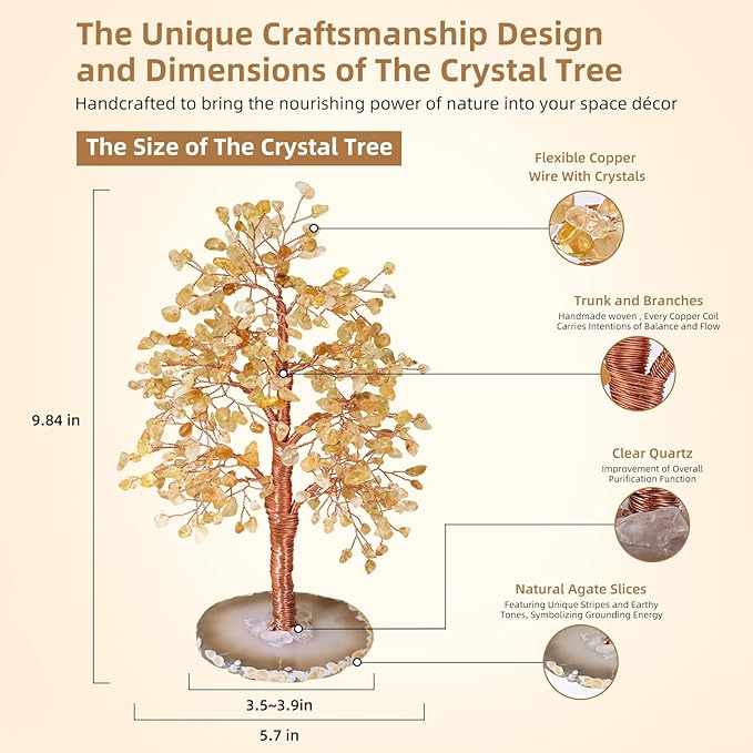 Hopeseed Citrine Chakra Crystal Tree of Life Handmade Bonsai Healing Crystals Tree for Home, Desk, Living Room, Office Decor for Positive Energy, Money, Good Luck Birthday Gift for Women, Mom, Men