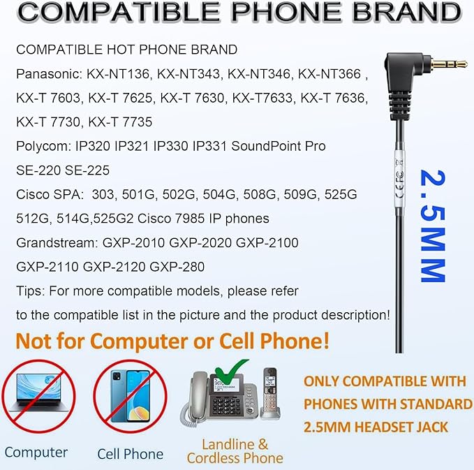 Phone Headset 2.5mm with Microphone, Noise Cancelling & Volume Controls, Telephone Headphone Compatible with Panasonic, Cisco, Polycom, Gigaset's 2.5mm Jack Phone Headset