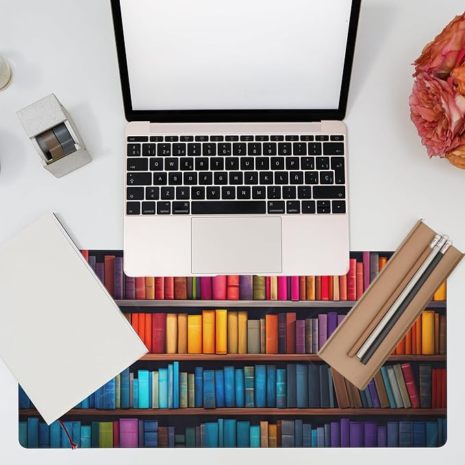 Large Gaming Mouse Pad for Desk,Bookshelves Full of Books Desk Mat,Colorful Books Desk Pad,Extended Big Computer Keyboard Mouse Pad with Non-Slip Base and Stitched Edge,35.4"x15.7"