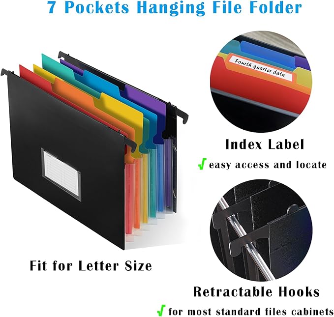 TRANBO 7-Pockets Hanging File Folder with Retractable Hooks for Filing Cabinet, Letter Size Expandable Accordion File Organizer with Elastic Band for File Frame or On-The-Go Use (3 Pack)