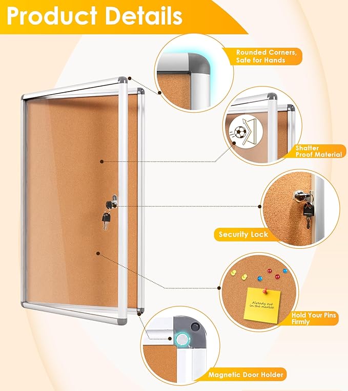 SWANCROWN Lockable Noticeboard Wall-Mounted Bulletin Pin Cork Boards Message Board with Aluminium Frame 28x14 inch