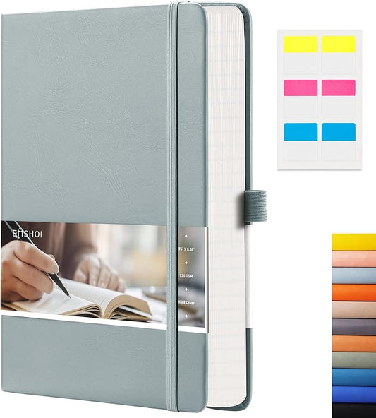 EMSHOI Graph Paper Notebook - 256 Pages A5 Graph Notebook/Journal, Hard Cover, 120gsm Thick Paper, Smooth PU Leather, Inner Pocket, 5.75'' × 8.38''-GrayBlue