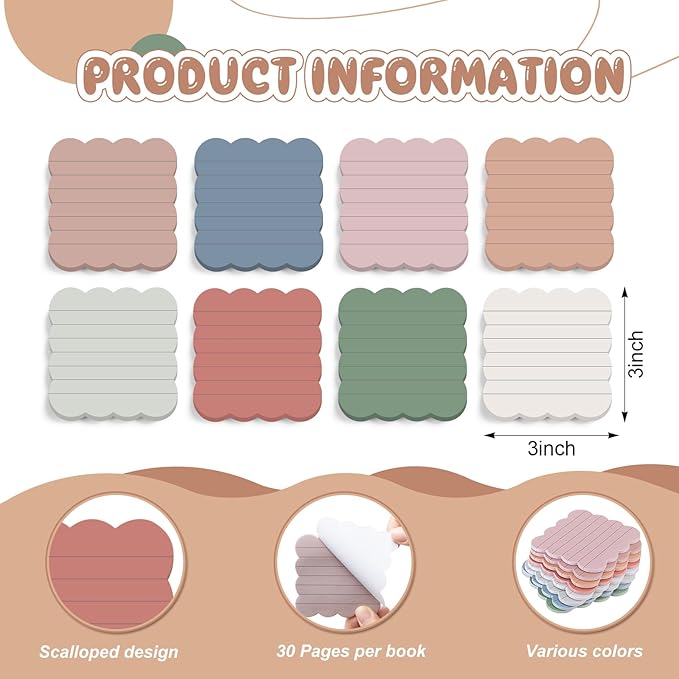 Eaasty 8 Pack Scalloped Sticky Notes Bulk Christmas Cute Self Sticky Note Pads Multi Color Bright Vintage Note Pads or School Office Supplies 240 Sheet(3" X 3",Lined Vintage Color)