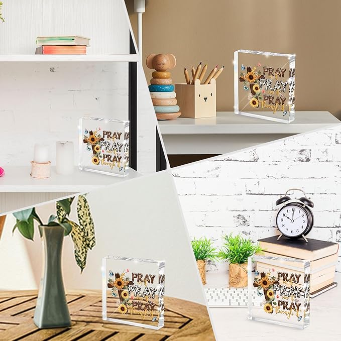 Power in Prayer Inspirational Decor, Pray Over It Bible Verse Wall Art Christian Gifts for Women, Scripture Desk Sign for Modern Home Office Room Bathroom Bedroom Decoration 4x 4 Inches (Leopard)