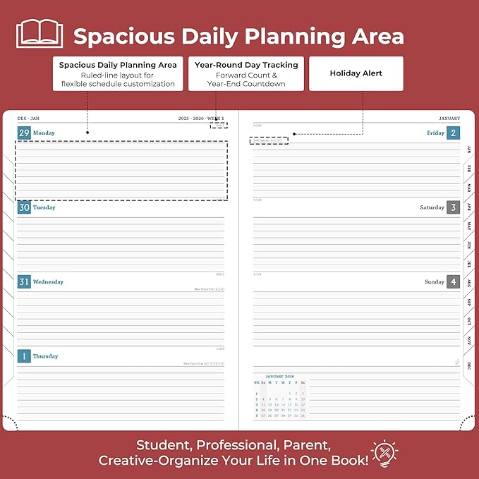 Weekly Monthly 2026 Planner (Jan.26-Dec.26),11.5"x8.5",12 Months Agenda Plan with Month Tabs & Pocket,Expenses/Note Pages, Appointment Book Calendar with Hardcover Vegan Leather Cover,Red