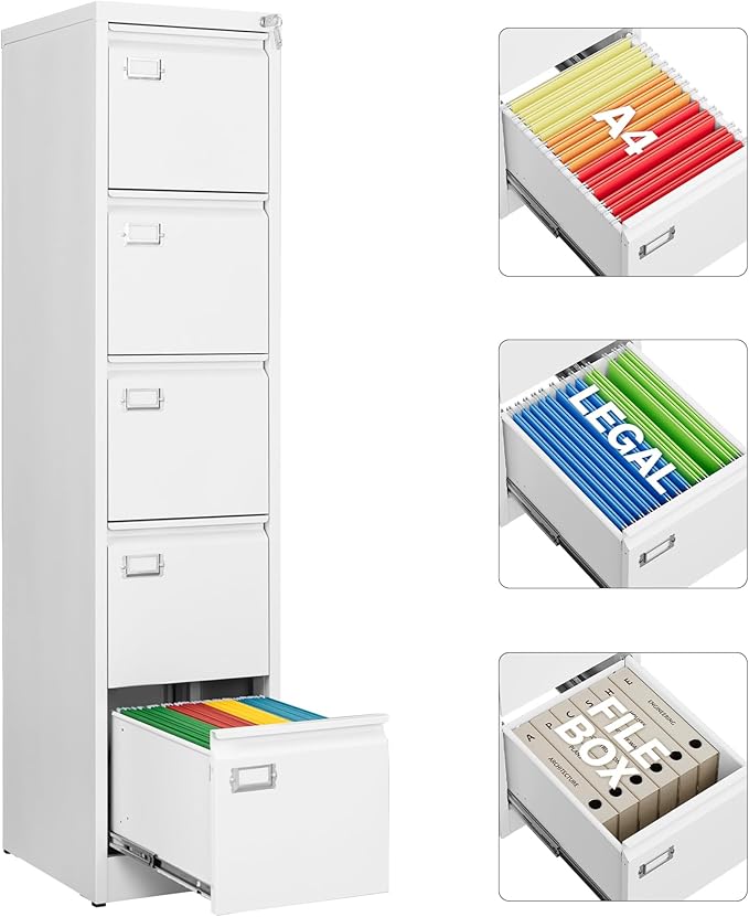 SISESOL 5 Drawer File Cabinet with Lock,Tall Vertical File Cabinet Five Drawer,15" Narrow Office Filing Cabinets,White Metal File Cabinets for Home Office,Fit A4,Legal,Letter Size,-Assembly Required