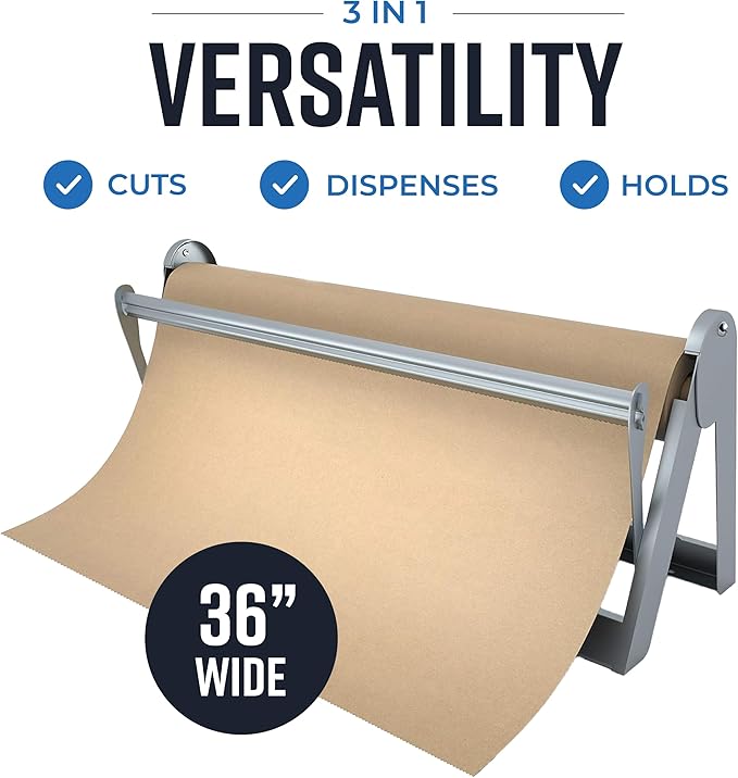 Bryco Goods 36 Inch Paper Roll Dispenser and Cutter, Wall Mountable & Non-Slip Tabletop, Heavy-Duty Steel Frame – Kraft, Butcher, Freezer, Wrapping Paper Holder – for Home, Office, Craft Projects