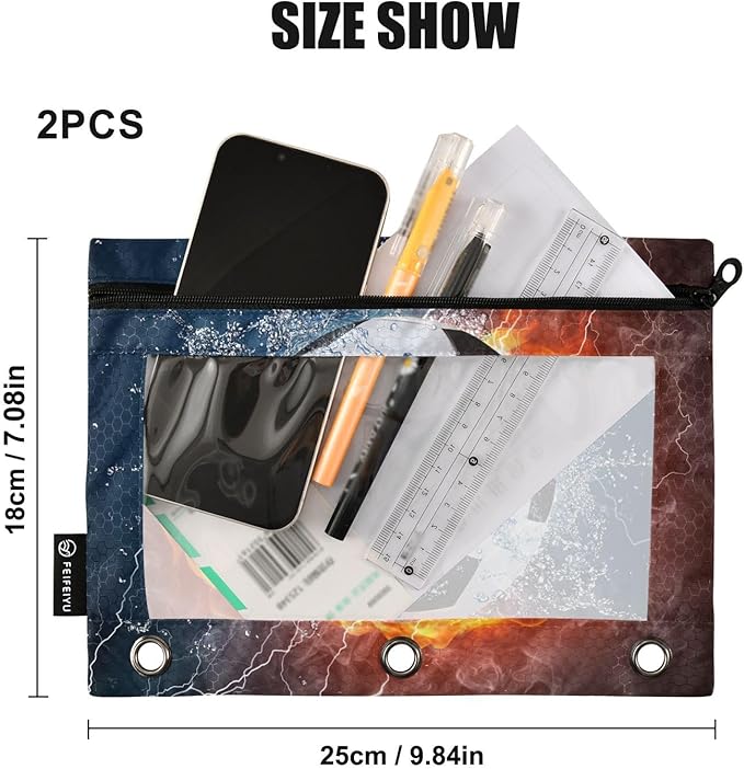 Soccer Ball Football Fire Water Pencil Pouch for 3 Ring Binder, 2 Pack Waterproof Pencil Bags Clear Window Pencil Case Zipper School Office Supplies