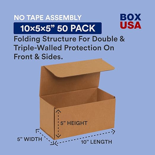 BOX USA Shipping Boxes 10"L x 5"W x 5"H, 50-Pack | Corrugated Cardboard Box for Packing, Moving and Storage