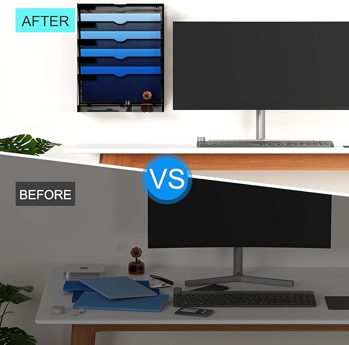 Hanging Wall File Organizer 6 Tier Wall Mounted Mail Paper Folder Holder Document Organization Stand, Vertical Desk Magazine Rack for Office Home Cubicle Countertop, Black