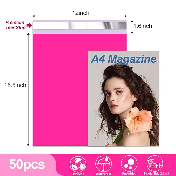 JinRuiKJ Thank You Poly Mailer 12x15.5 Inch 50 PCS, Shipping Bags for Clothing, Packaging Bags for Small Business, Strong Adhensive, Waterproof and Tear-Resistant Mailing Envelopes, Rose Red