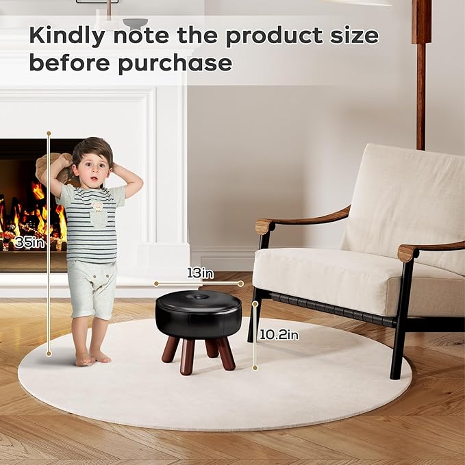 13in Small Foot Stool Ottoman, Round Faux Leather Foot Rest, Footstool Ottomans with Rubber Legs Under Desk, Footrest for Couch, Living Room, Bedroom, Office, 13''L x 13''W x 10.2''H, Black