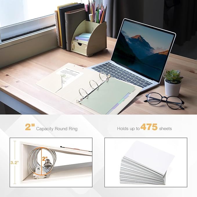 Ospelelf Mini Binder 3 Ring 2 Inch, Professional Clipboard Dividers with Tabs 5.5" x 8.5", Vintage Leather Binder Organizer for Office, Beige