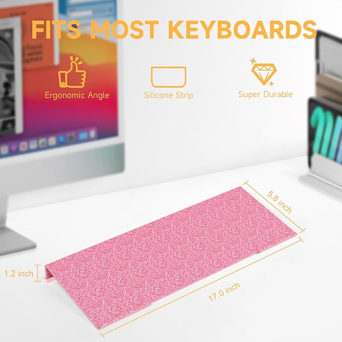 Ergonomic Computer Keyboard Stand - 17 Inch Glitter Pink Acrylic Keyboard Riser for Desk Tilted Keyboard Holder Tray with Non-Slip Strip for Home Office Easy Typing & Working