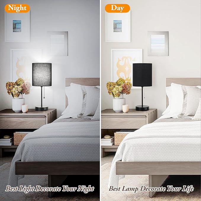 Table Lamps Set of 2 with USB Charging Ports, Black Bedside Lamps with AC Outlet, Nightstand Lamps with Pull Chain Switch, Minimalist Modern Desk Lamps with Fabric Shade for Living Room Bedroom Office
